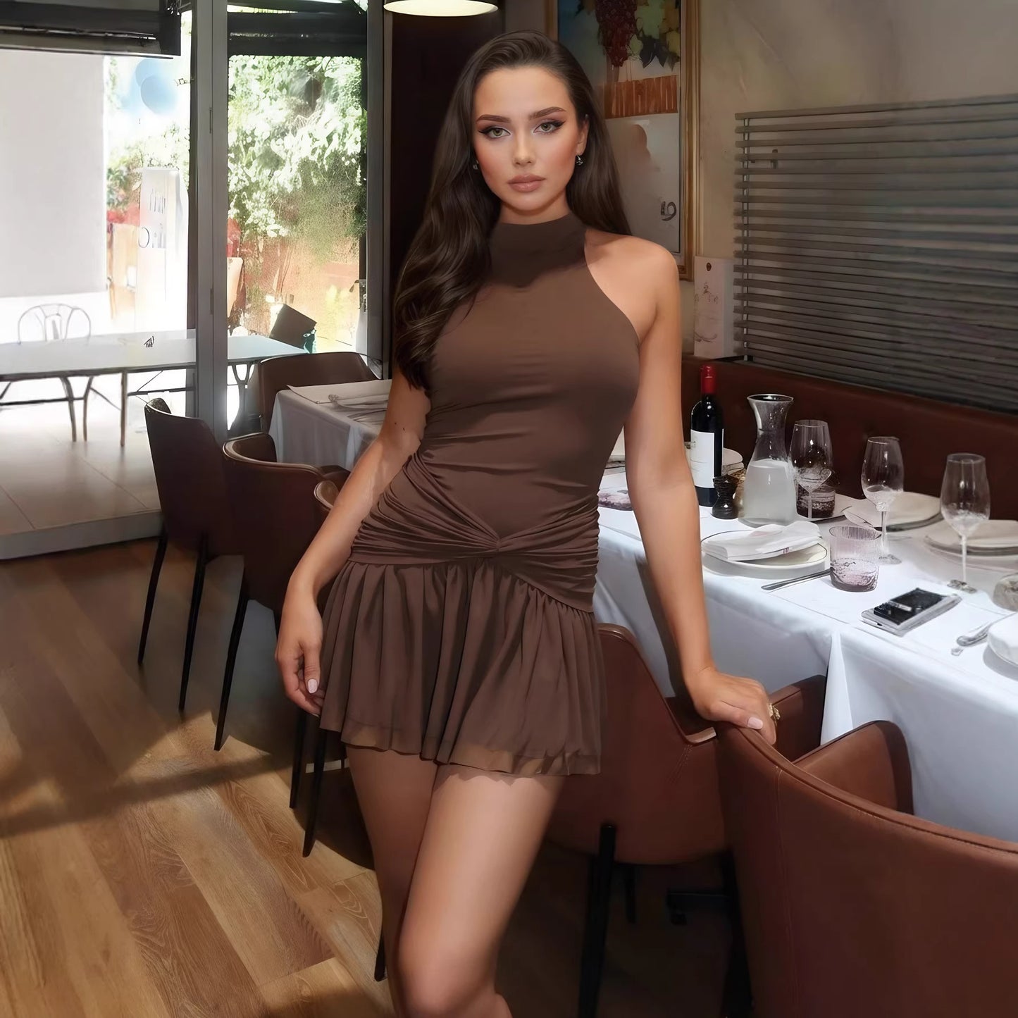 Ruche knoop halterjurk